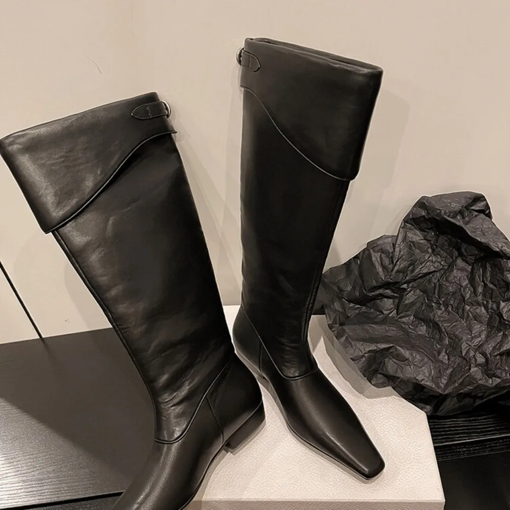 Botas planas hasta la rodilla para mujer, zapatos de cuero suave hasta el muslo, estilo moderno y elegante, cálidos para invierno