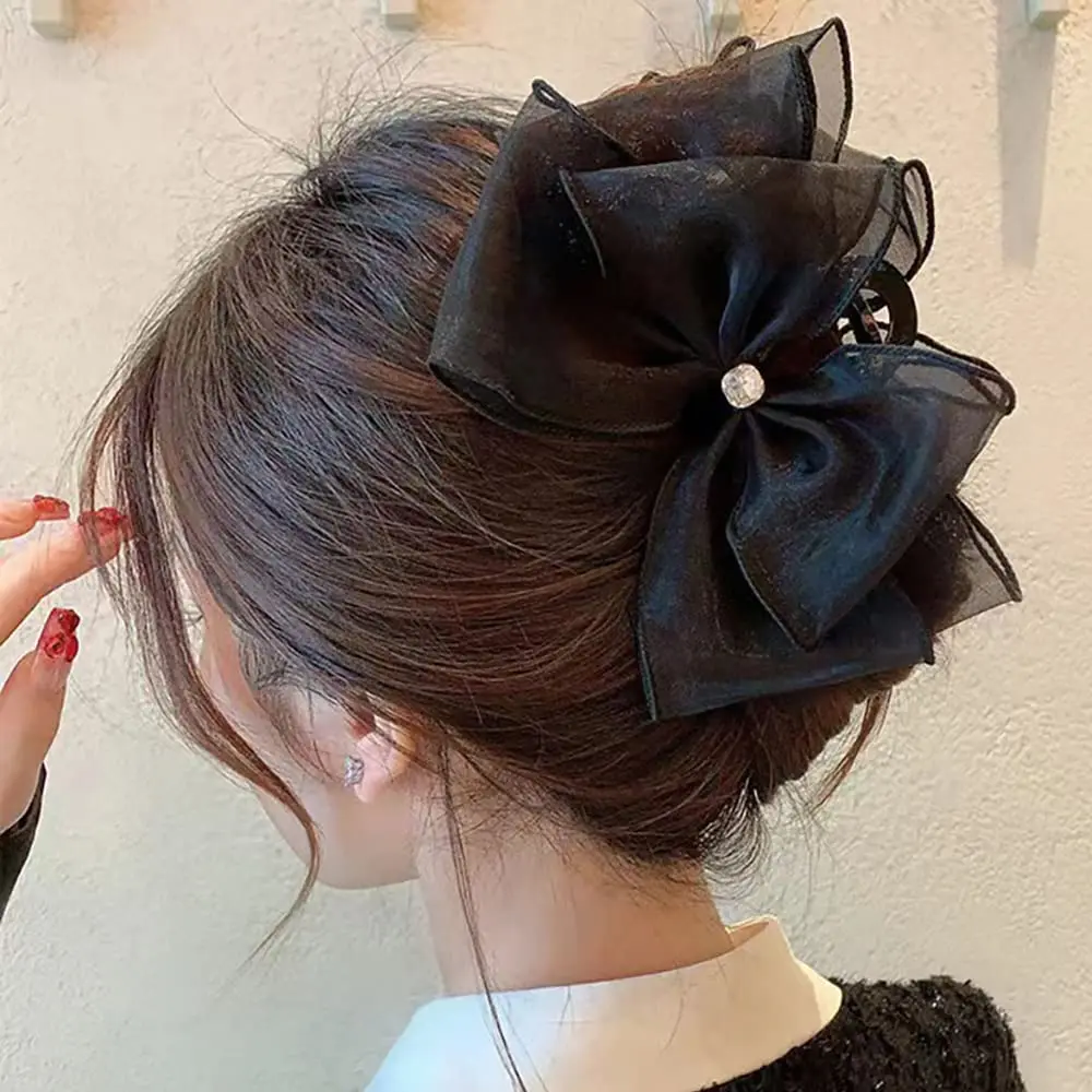 

Black Tulle Bow with Rhinestones - Large Claw Hair Accessory for Thick Hair Ponytails, Chiffon Bow and Mesh Bowknot