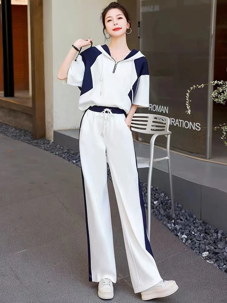 

Women Summer Clothing Sets 2024 New Wide Leg Pants & Blazer Collar Slim Patchwork Top 2 Pieces Outfits Office Lady Pantsuits