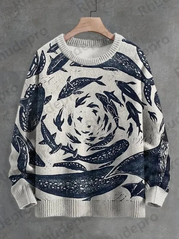 Men's Whale And Fish Linoleum Art Print Knit Sweatshirt Pullover Sweater Women For Men Sweater Roupas Masculinas - view 3