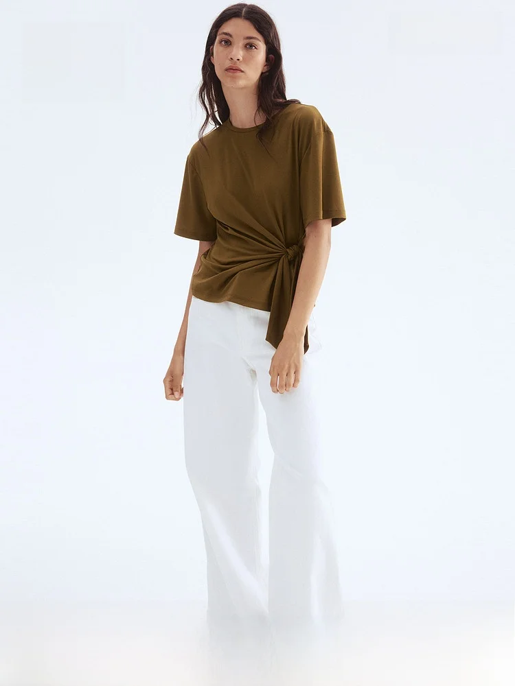 

H&M Women's T-irt Casual Sle Gathered Hem Design Trendy Simple Faion Loose Fit Top Polyester Blend ort Sve