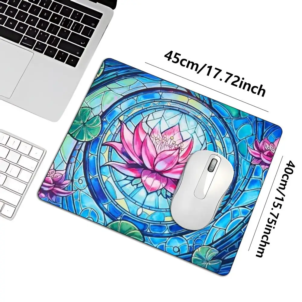 Medium Rectangle Mouse Pad Stained Glass Style Pink Lotus Floral Vintage Art Non Slip Rubber Base Smooth Desk Mouse Mat  45X40CM