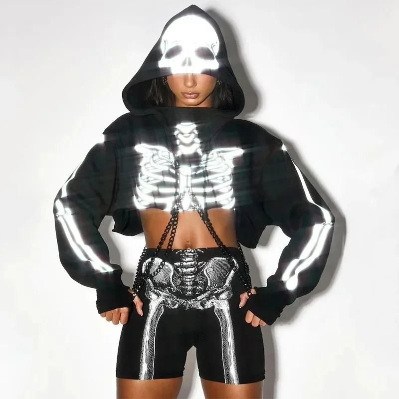 Halloween Punk Y2K Hip Hop Skull Hoodies Outerwear Reflective Short Printed Hoodie Women Autumn Winter Couple Hoodie Top New