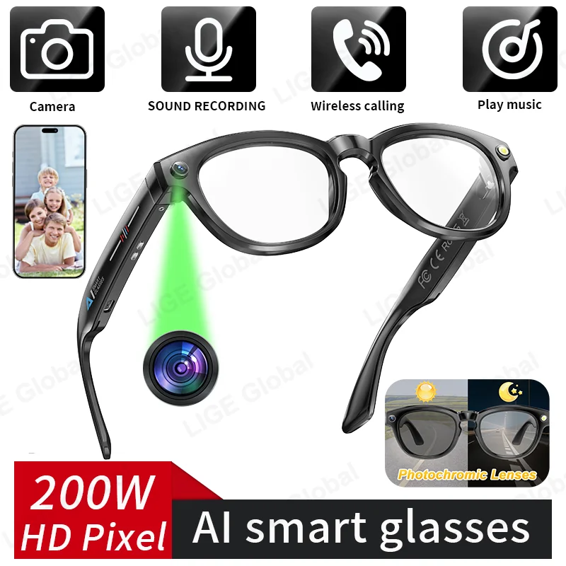 

LIGE 200W HD Camera Smart Glasses Video Recording BT Call 260mAh AI Voice Control Translation Men Sunglasses Photochromic Lenses
