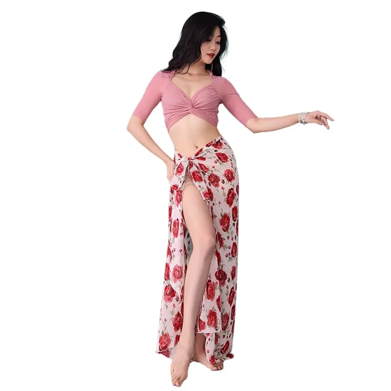 Customized Belly Dance Costumes Hip Scarf Printed Skirt Eastern Dance Performance Costume Sexy Lace Up Top