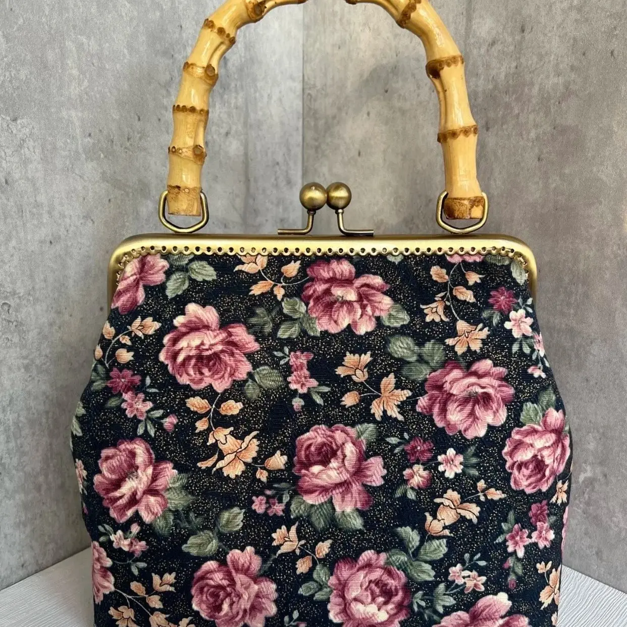 

Lost in Vinatge Flower of Rose Jacquard Cotton Fabric Bamboo Handbag with Sturdy Top Handles Generous Space Inside