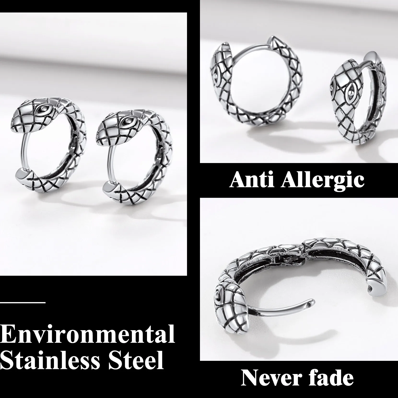 Punk Stainless Steel Snake Hoop Earrings fro Men Women Hip Pop Jewelry Unisex Daily Wear