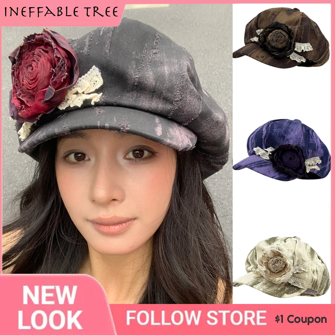 

Japanese Tie Dye Cloud Wilted Rose Flower Hats for Women Spring and Summer Street Sle Octagonal Beret Caps Gorras Hombre