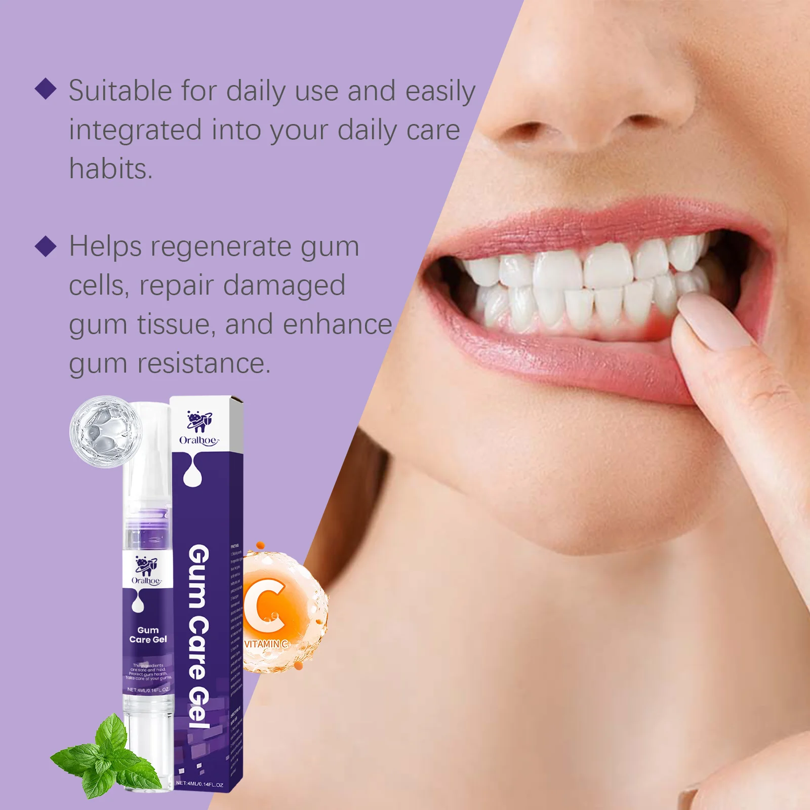 Gel para el Cuidado de las Encías Morado, Rutina Diaria de Higiene Bucal, Calmante para Encías Sensibles, Fórmula Natural a Base de Plantas, Portátil, Refrescante, en Formato de Bolígrafo