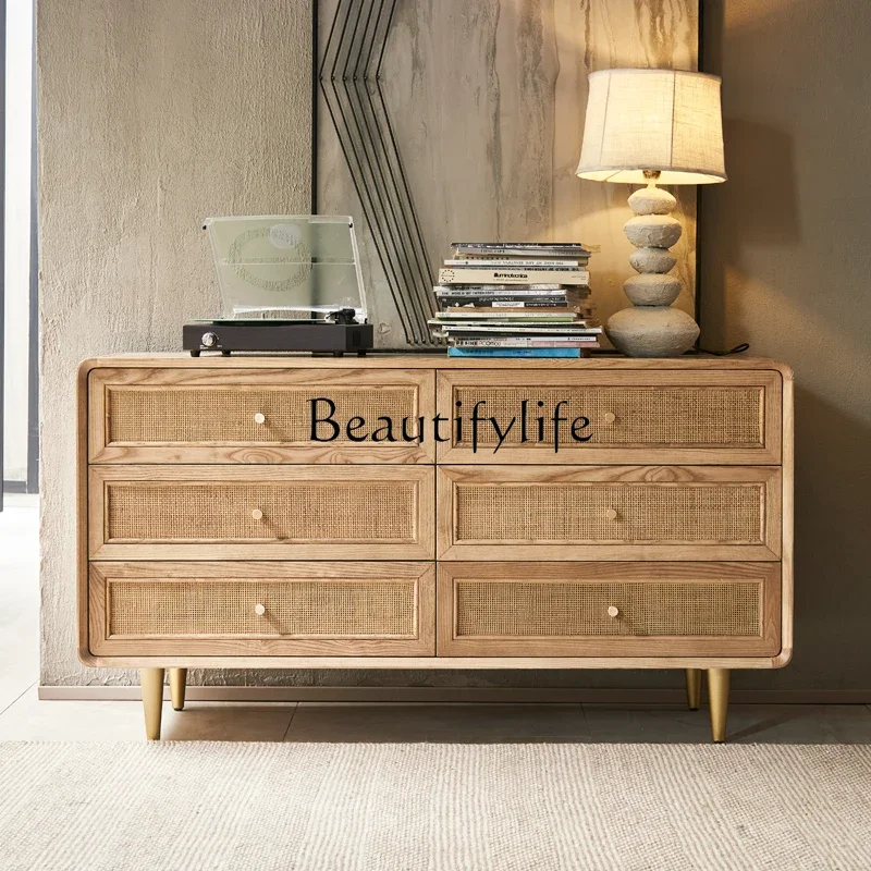 

Nordic Rattan Chest of Six Drawers Solid Wood Leg Bedroom Locker Storage Cabinet Living Room Drawer Storage Cabinet