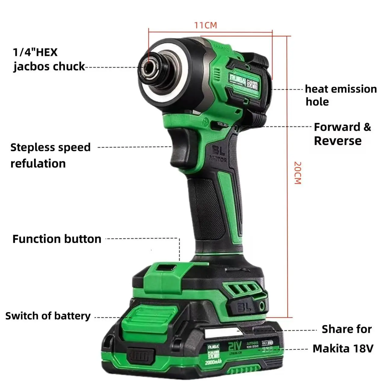 RUIBA 1/4 Inch Electric Impact Screwdriver 230NM Brushless Cordless Wrench For Makita 18V Battery Screwdriver Power Tools