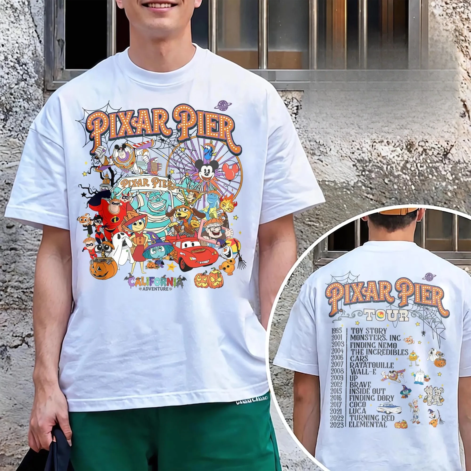 2026 new Round-neck short-sleeved Halloween cartoon Ferris wheel pumpkin print, suitable for both men and women, festive T-shirt