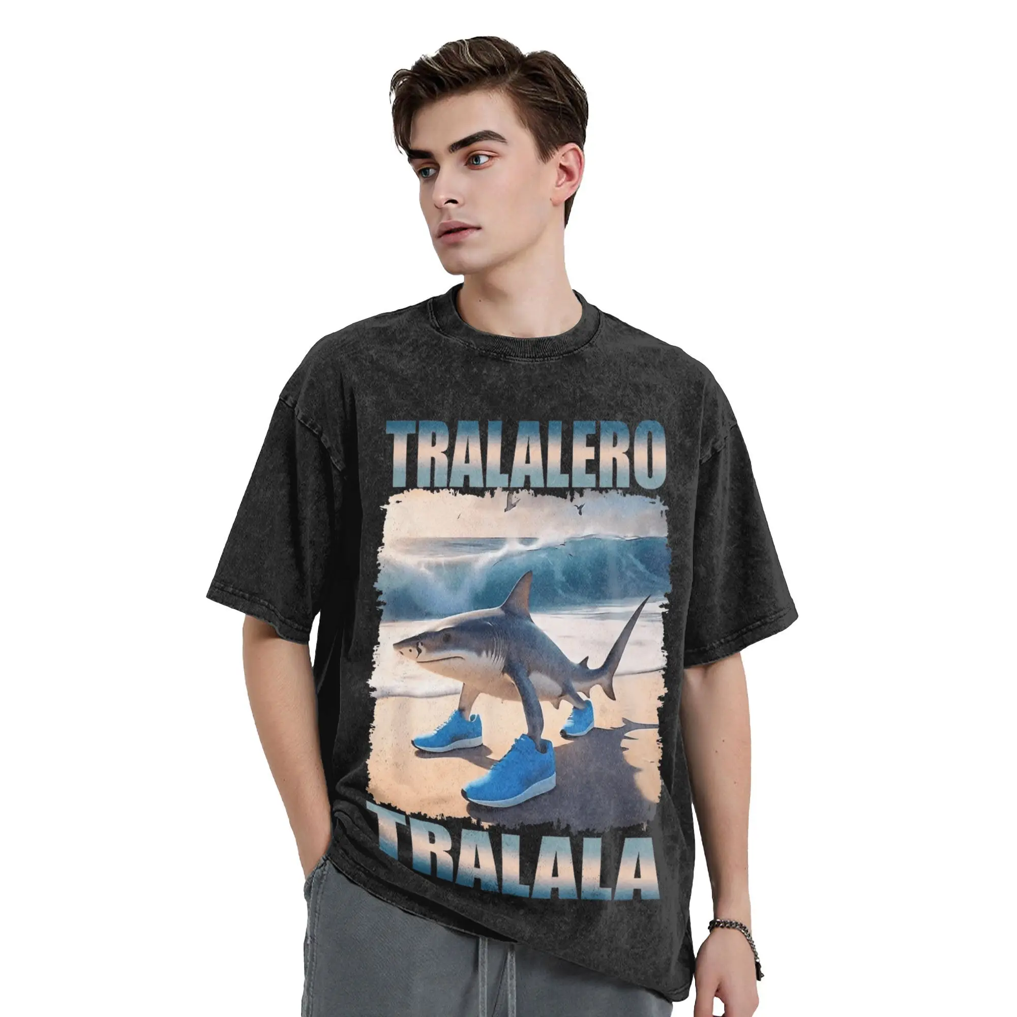 

Tralalero Tralala Blue Style Men's T Shirt Washed Italian Brainrot Vintage Tee Shirt Short Sleeve O Neck T-Shirts Cotton Clothes