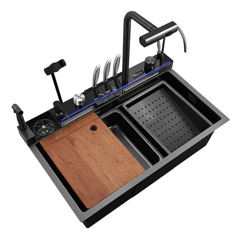 

Handmade Multifunctional Rainfall 304 Stainless Steel Large Single Trough Household Dishwashing Basin Kitchen Sink