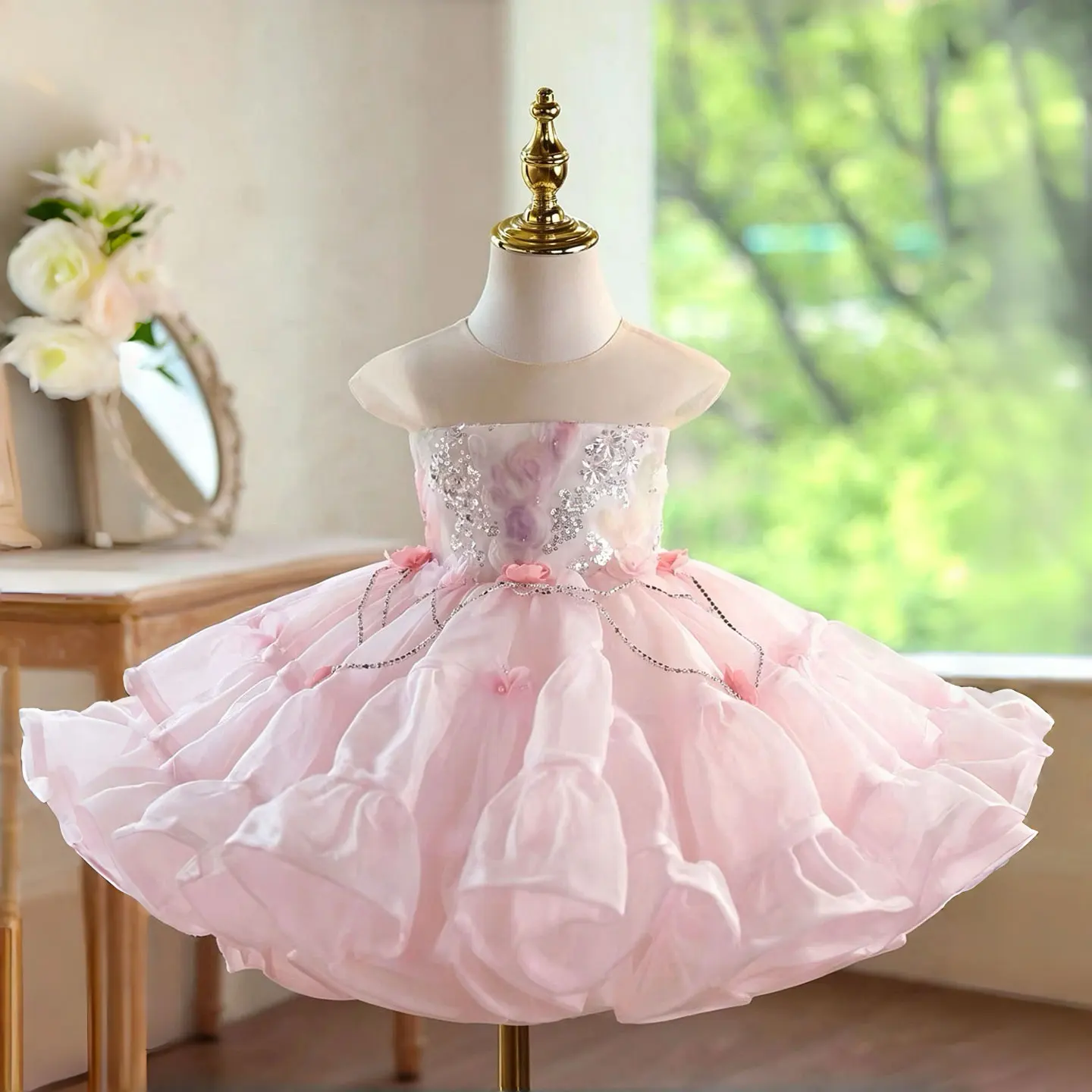Jill Wish D283 Pink Flower Girl Dress with Floral Applique Sequins, Puffy Princess Ball Gown for Wedding Party Birthday Dress