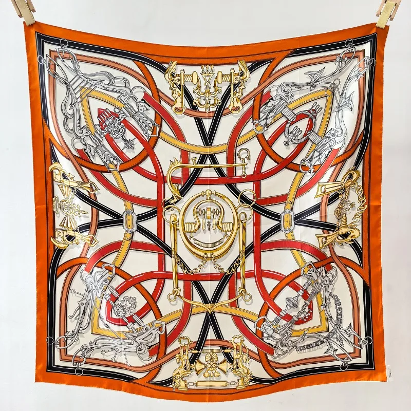88x88cm Square Scarf 100% MULBERRY SILK Twill 14MM Orange Equestrian Chain Bit Print Women Neck Scarf Head Wrap Bag Band Shawl