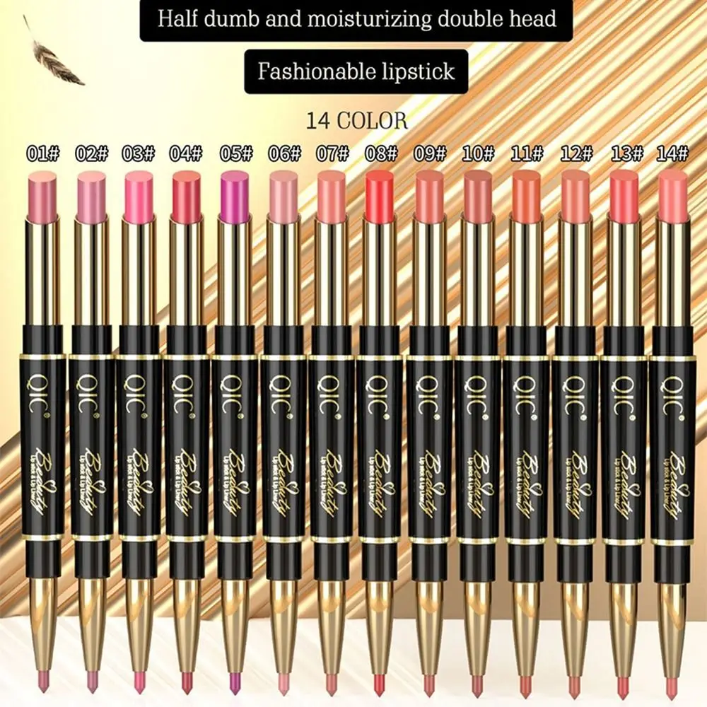 14 Kleuren Dubbelzijdige Dubbele Kop Matte Lippenstift Waterdichte Niet-Vervagende Lipliner Hydraterende Langdurige Make-Up Tool Meisje