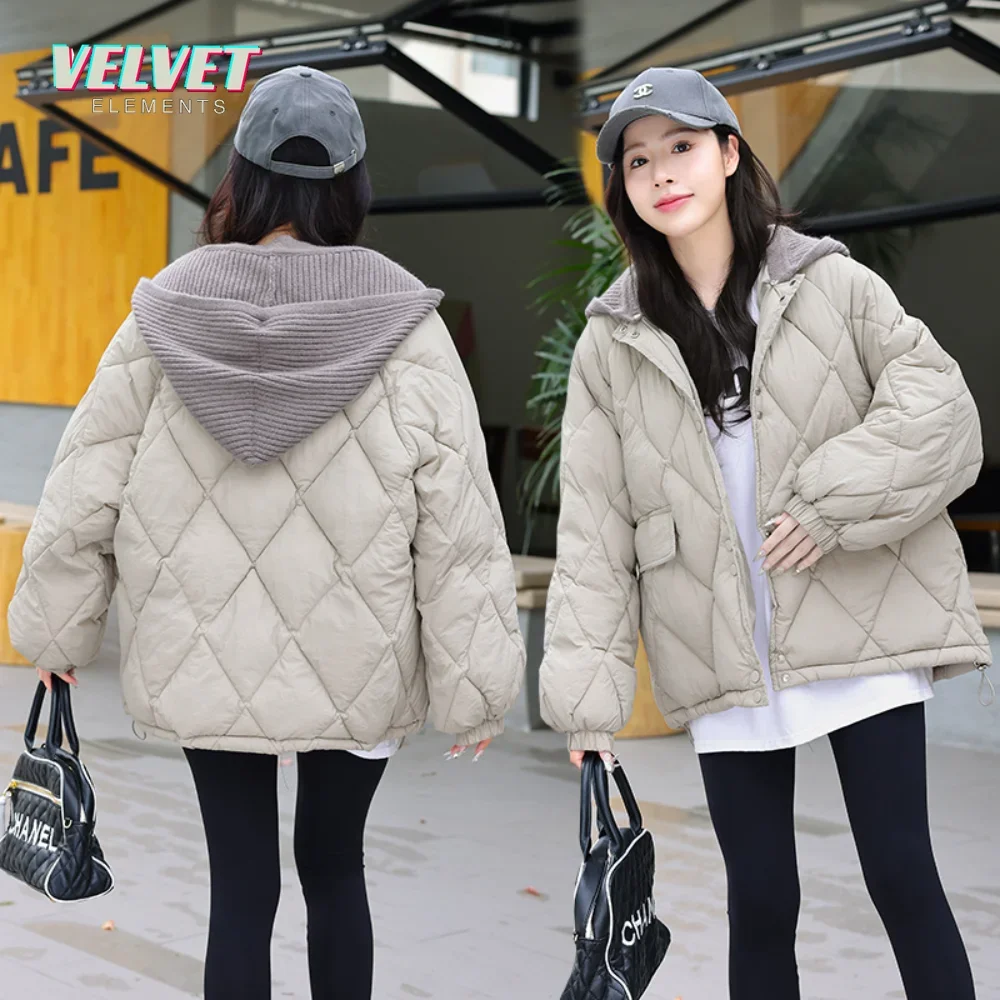 

V&Es Fashion Causal Hooded Knit Stitching Women Sweater Thick Autumn Winter Warm Spliced Cotton-padded Jacket Coat