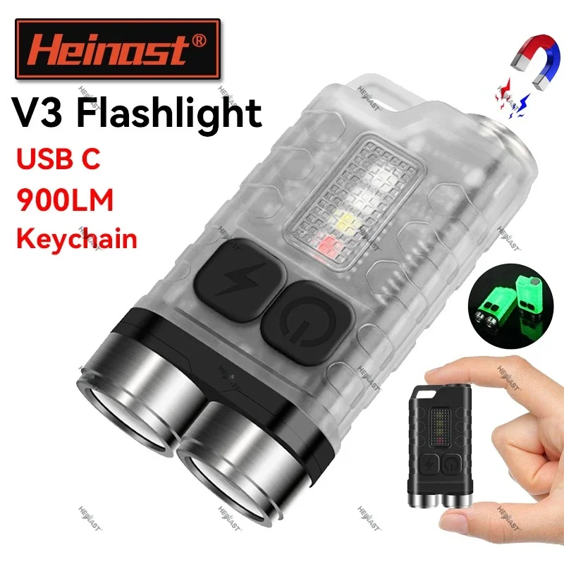 Mini Portable V3 EDC Handheld Flashlight USB Rechargeable Pocket Torch Magnetic Keychain Light with Red and Blue Blinking Lamp