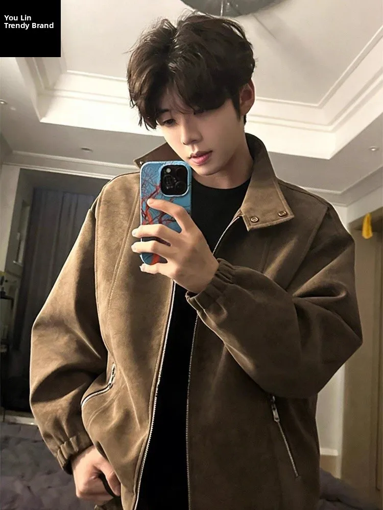 

American Sle ort Baseball Jaet PU Leather Coat Men's Spring Workwear irt Color Dyeing Loose Fit Youth Faion