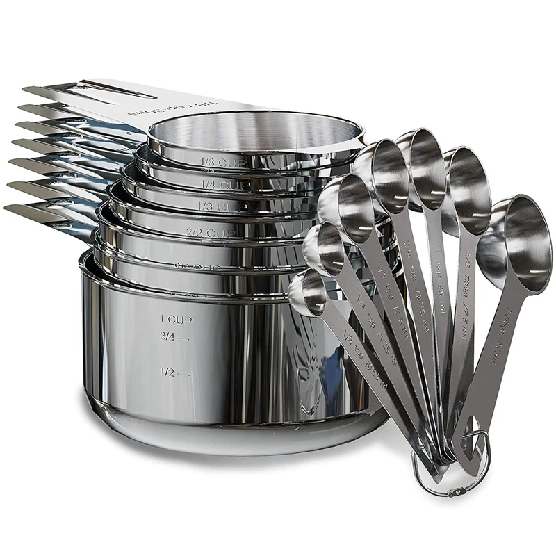 Stainless Steel Measuring Cups And Spoons Set Of 14 Pieces,7 Nesting Cups And 7 Stackable Spoons Professional Portable