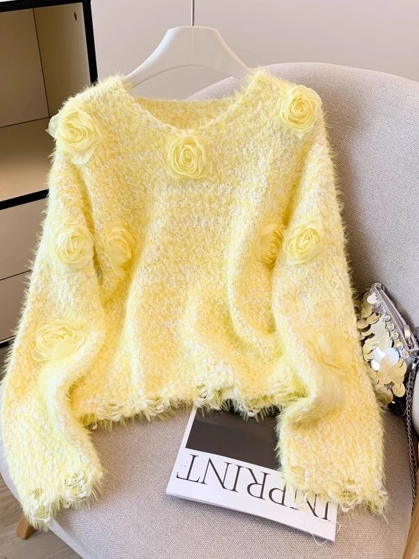 

Women's Autumn Winter Knitted Sweater Soft Plu 3D Flower Design Warm Faionable Base Layer Top round Ne Long Sve