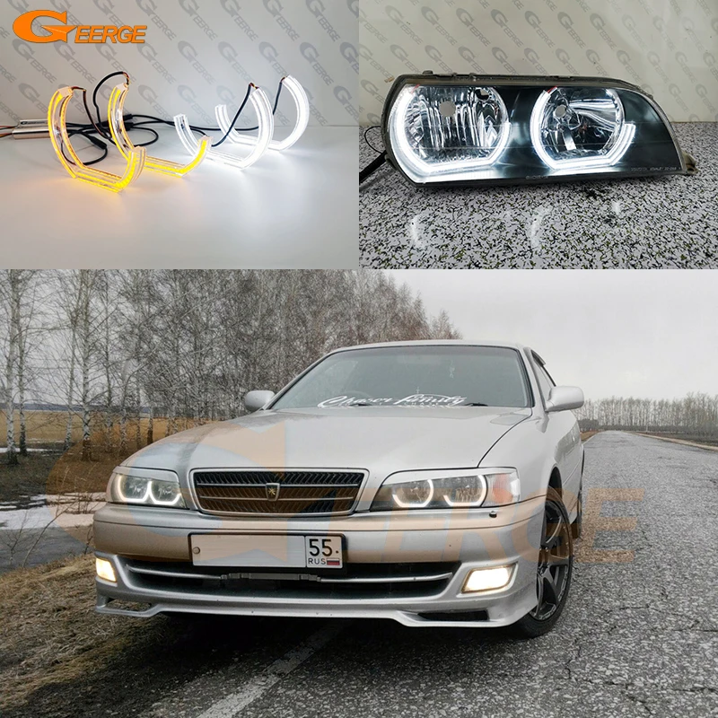 For Toyota Chaser JZX100 Ultra Bright A/W Switchback Day Light Turn Signal DTM Style LED Angel Eyes Halo Rings Kit