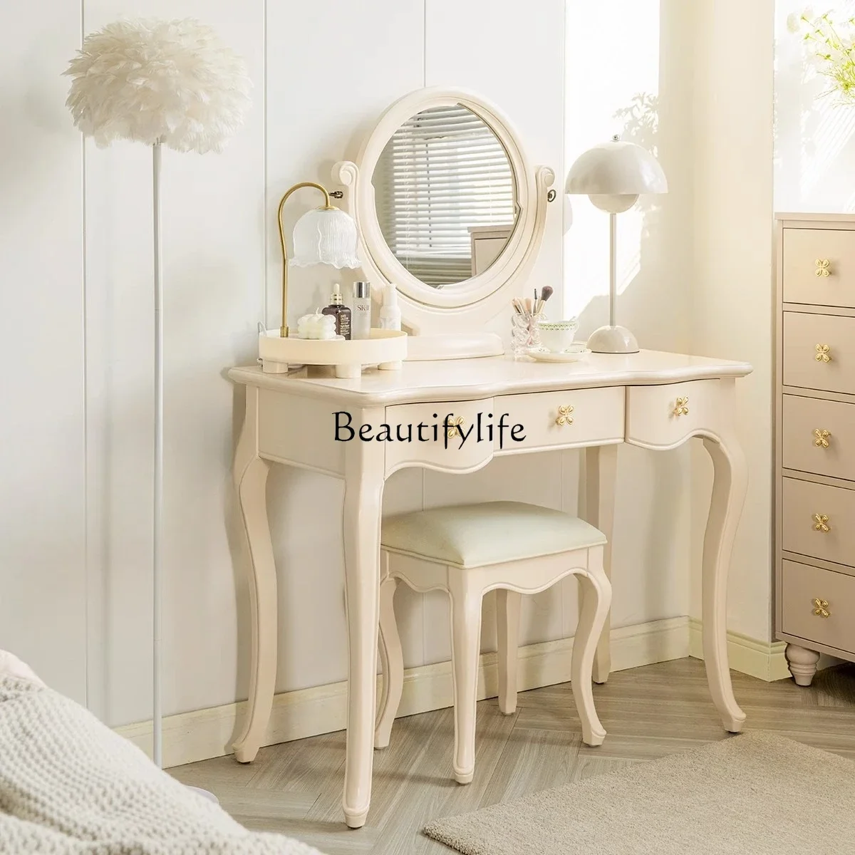 

ls 04French cream style makeup table Small apartment with mirror makeup table