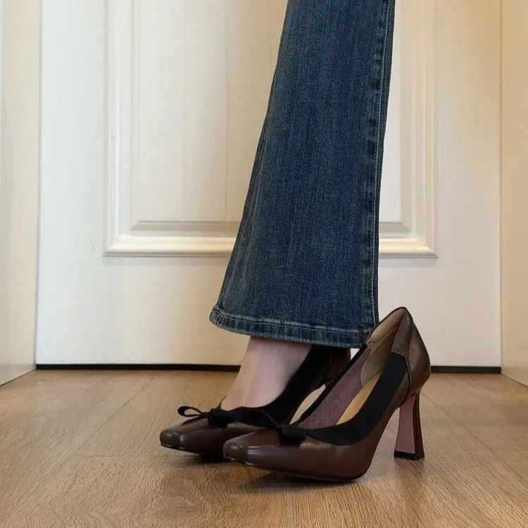 

Женские туфли на высоком каблуке, весенне-осенние винтажные кожаные туфли с бантом на толстом каблуке, модные элегантные туфли с низким берцем для пригородных поездок на работу.