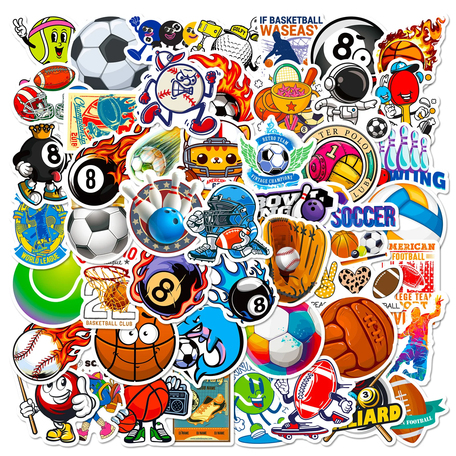 Autocollants de sport pour téléphone, football, volley-ball, golf, basket-ball, balle, 50 pièces