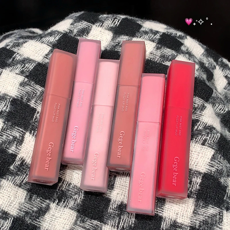 Gege Bear Mist Lip Mud Smalto per labbra, Argilla per labbra in velluto opaco Toni marroni per l'autunno e l'inverno Rossetto non essiccante a colori a lunga durata
