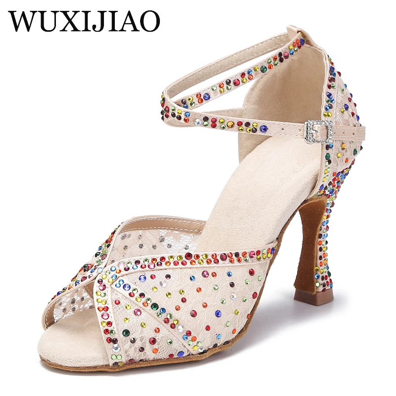 WUXIJIAO Latin dance shoes women's new lace satin colorful shiny rhinestones cuban heels 9cm salsa beige black ballroom shoes