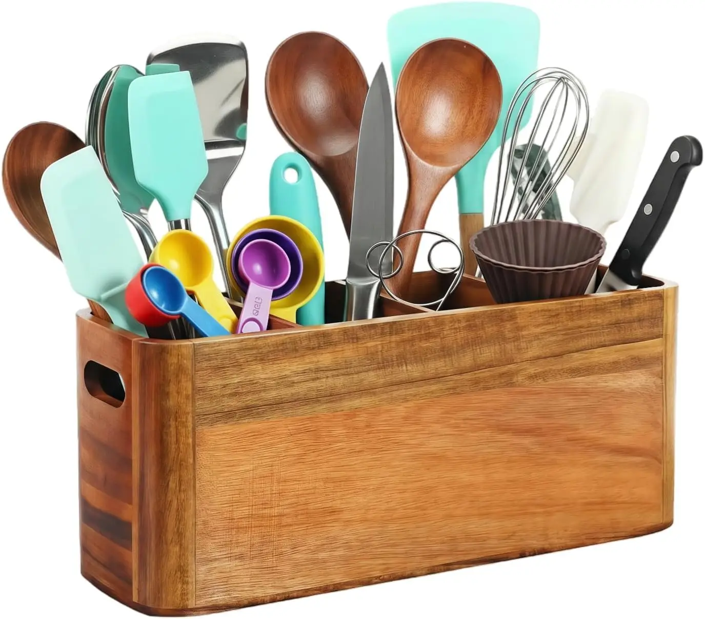 

Large Wooden Utensil Holder for Kitchen Countertop - 4 Compartment Acacia Wood Organizer & Utensil