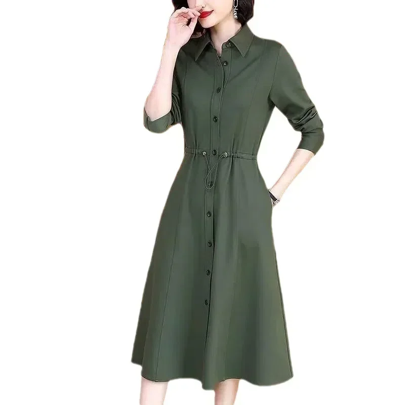 Wiosna jesień Polo-neck eleganckie modne guziki koszula sukienka damska z długim rękawem ściągany sznurkiem w talii Vestidos kobiety solidna codzienna szata
