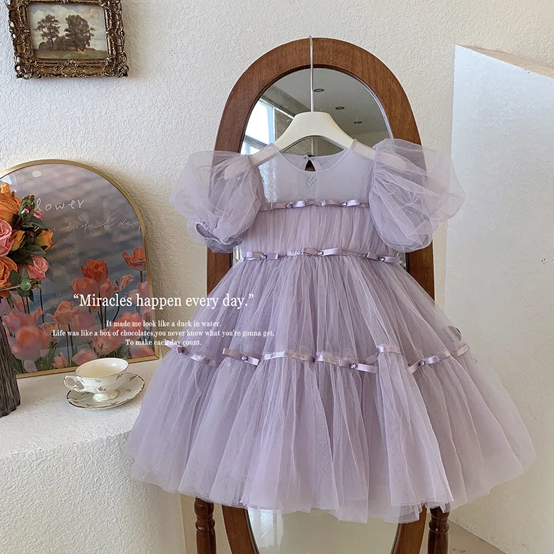 2024 Childrens Wear Girls Pink Dress Spring Summer Fashion Childrens Sweet Gentle and Cute Princess Dress
