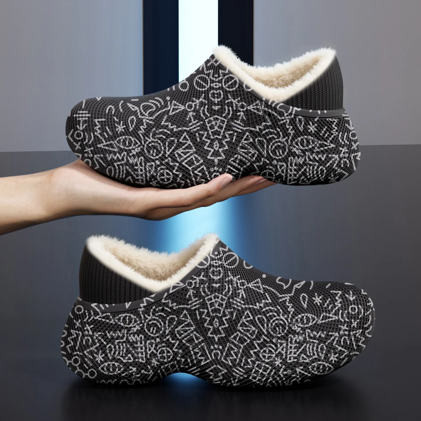 Winterwarme Baumwoll-Hausschuhe für Damen und Herren, wasserdichte EVA-Doodle-Stiefel, mit Fleece gefüttert, dicke Sohle, rutschfest, für drinnen und draußen, Hausschuhe – Detail 8