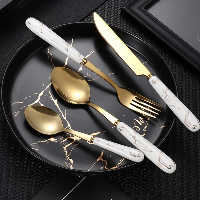 Stainless Steel Cutlery and Spoon Set Golden Storage Rack Marbled Ceramic Handle Tableware Camping Fork Spoon Spoons Table Forks