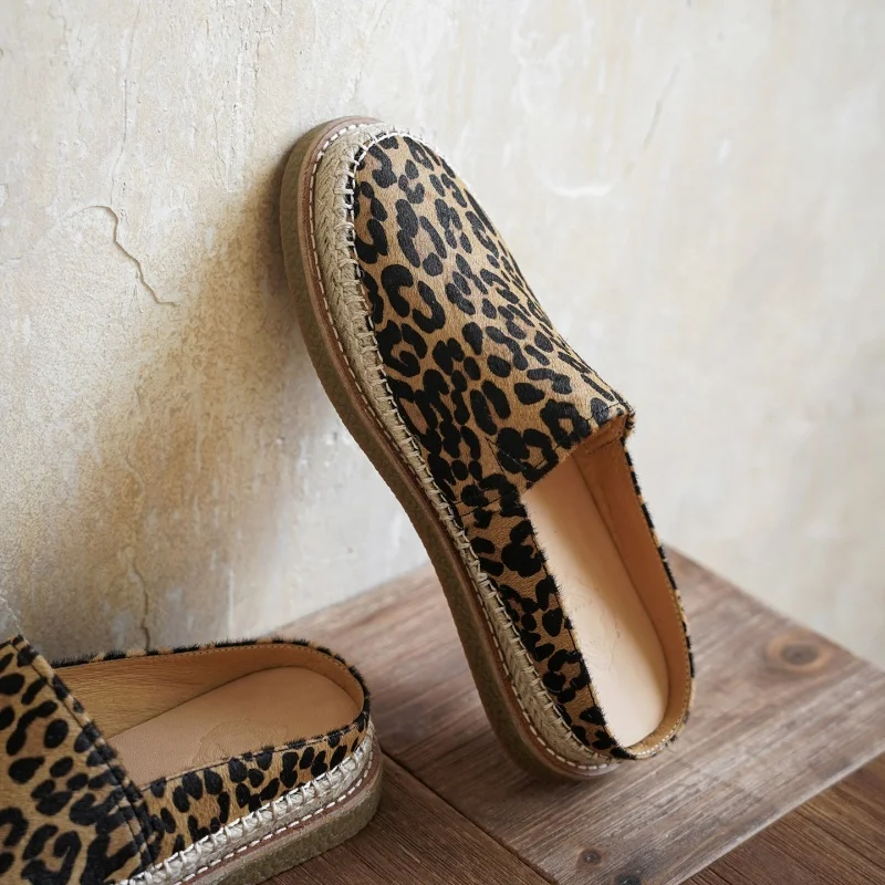 MKKHOU Women's Leopard Print Espadrilles Flats Casual Slip-On Loafers Summer Breathable Woven Straw Sole Shoes