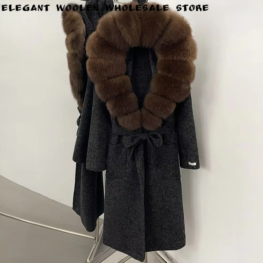 Wool Blends Overcoat Classic Thick Jacket with Fur Collar Belted Wrap Coat Warm Winter Luxury Premium Cozy for Commuting Style