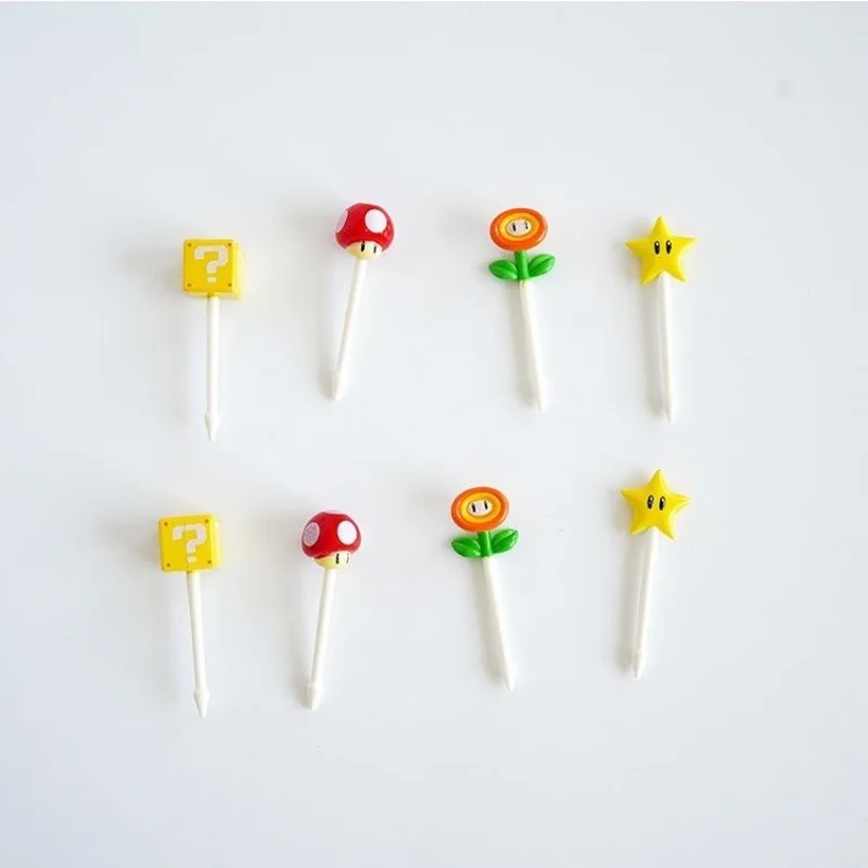 8pcs Super Mario Fruit Fork Food Grade Plastic Mini Toothpick Cake Bento Lunch Accessories Kids Birthday Party Decoration