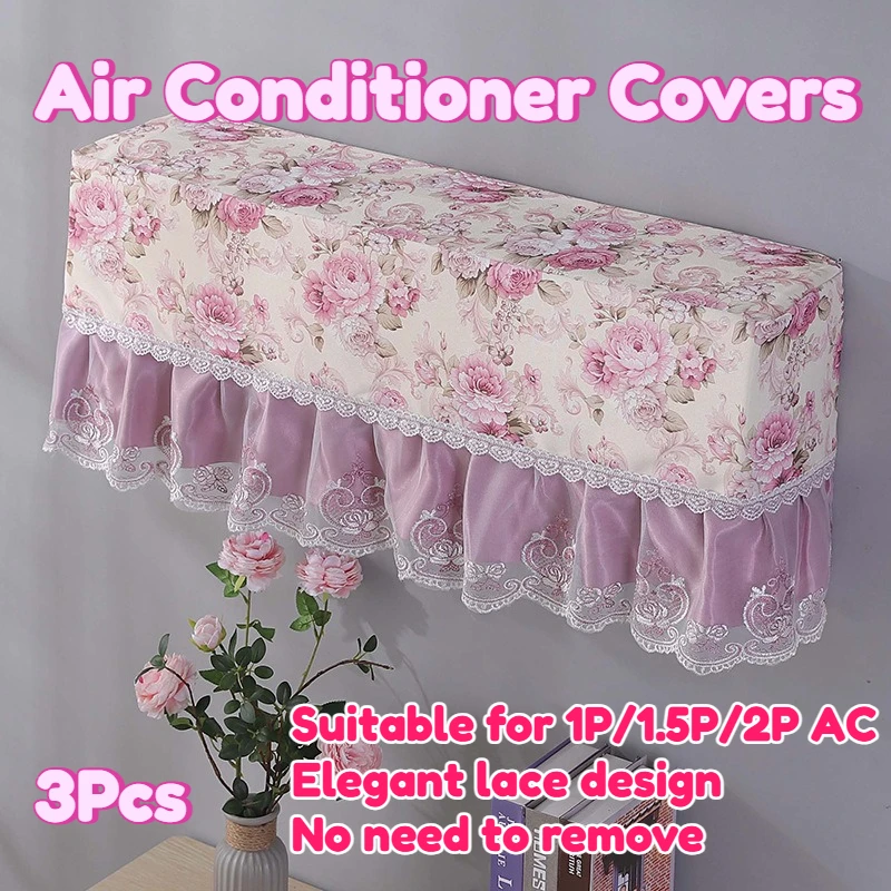 

Air Conditioner Covers Floral Print with Lace Hem Elegant Home Decor All-Inclusive Dustproof Anti-direct Blow Washable 3Pcs