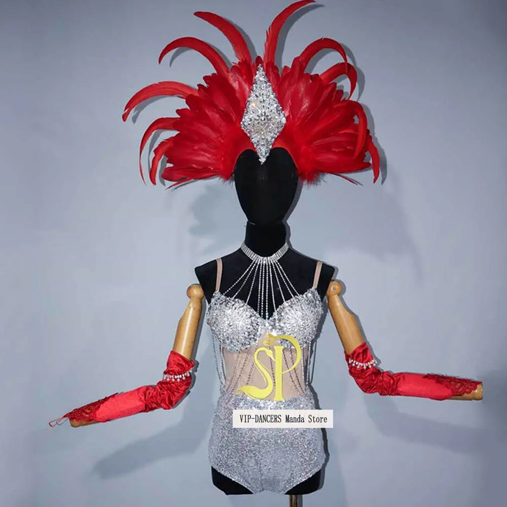 

Feather Gogo Dacer Outfit Nightclub Bar Commercial Performance Costume Diamond Shiny Stage Wear Female Sexy Mesh Bodysuit VDL519