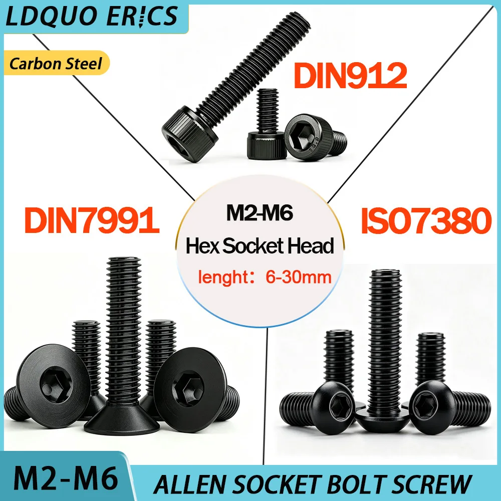 DIN7991 Countersunk Cap Allen Screws DIN912 Button Head Bolt Black Carbon Steel  ISO7380 Hex Socket Screw M2M2.5M4M5M6 M3 Screws