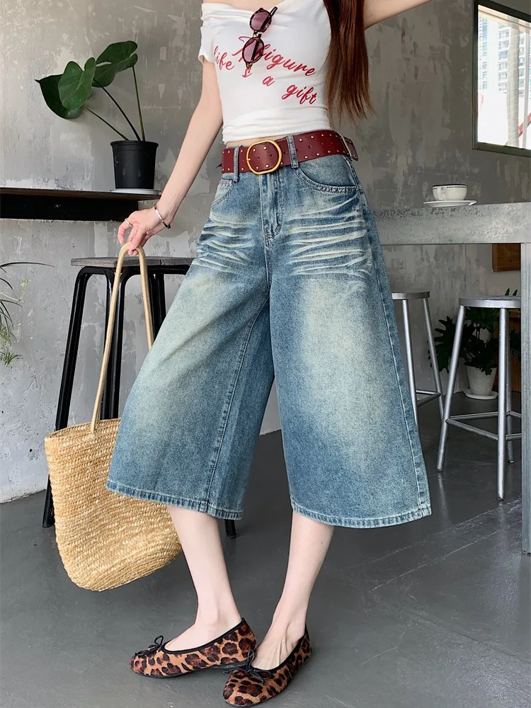 

High Waist Wide Leg Jeans Women's Summer New Loose Casual Straight Leg Pants Blue Denim Casual Style Washed Effect