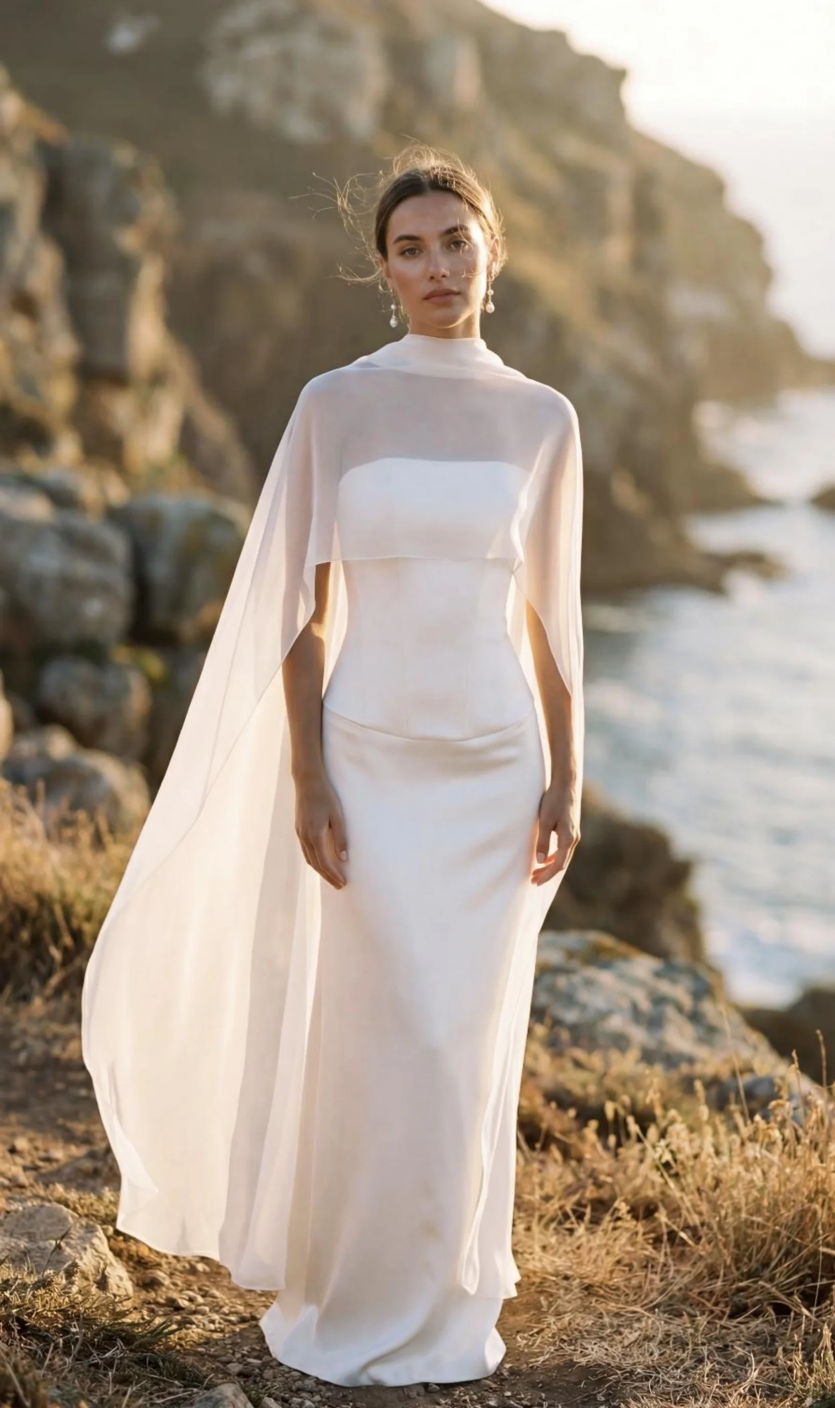 Image of Brautschal Lang Transparent Elfenbeinweiß Hochzeitscape Schleier Braut-Überwurf Eleganter Transparenter Chiffon Brautcape Strand-Brautaccessoire