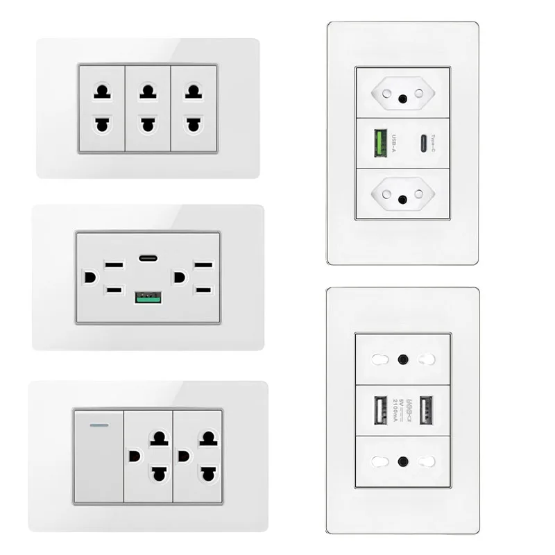 Brazil/Italy/USA PC/ Tempered glass panel wall switch universal USB C socket, Type-C 10W/20W fast charging 118mm*72mm module DIY