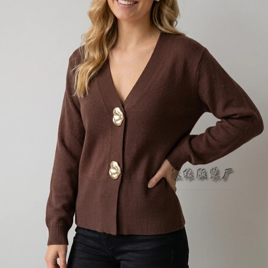 Autumn Retro V-neck Full-sleeved Unique Large Irregular Gold Button Sweater Sweater Ribbed Cuffs Hem Soft Casual Knitted Jacket