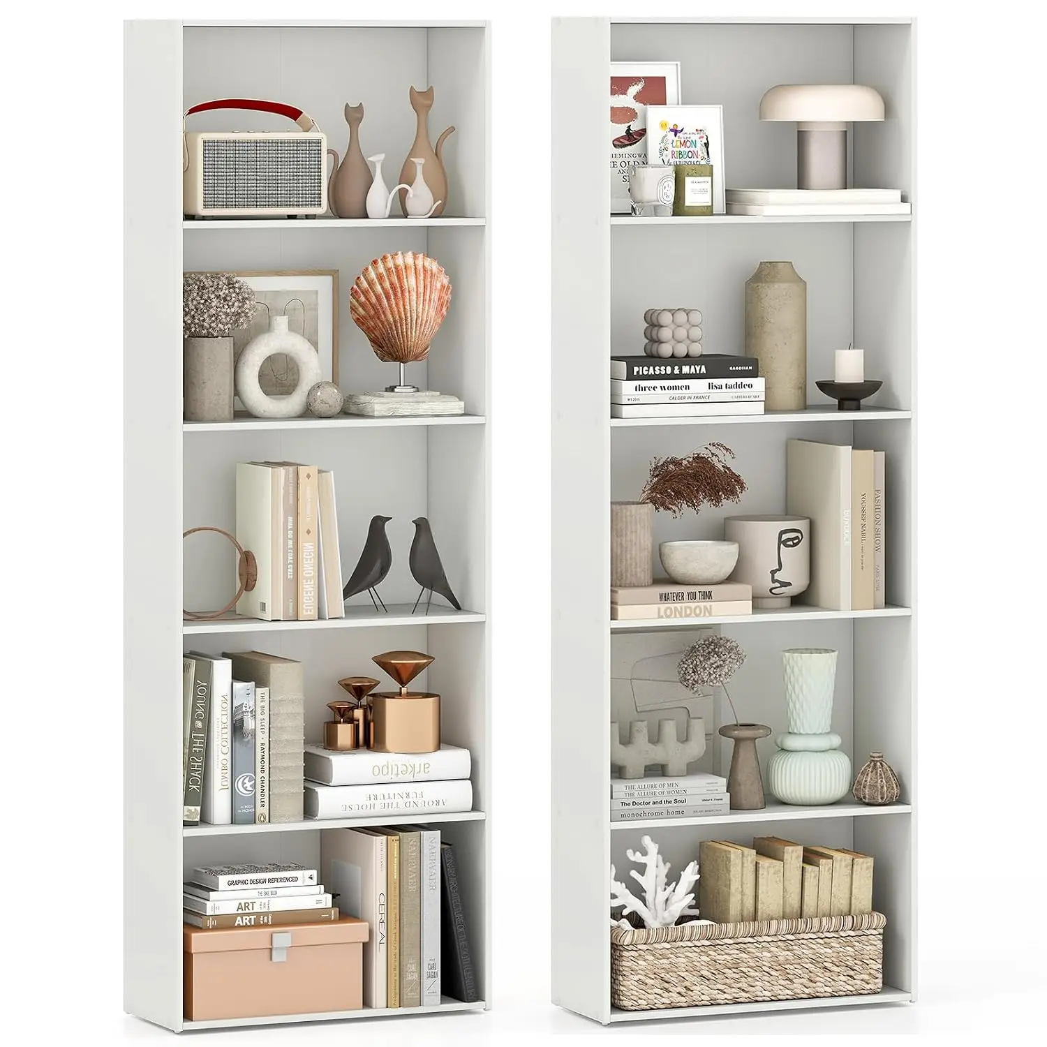 5-Tier Tall Bookcase Set Of 2, Floor Standing Bookshelf With Thick Boards & Anti-Tipping Device, Wooden Open, Customized