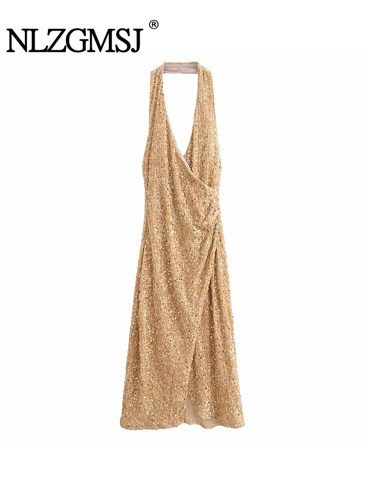 

TRAF 2025 Women Sequin Dress Sleeveless Halter Long Dresses for Women Backless Sexy Midi Dress Party Dresses Female
