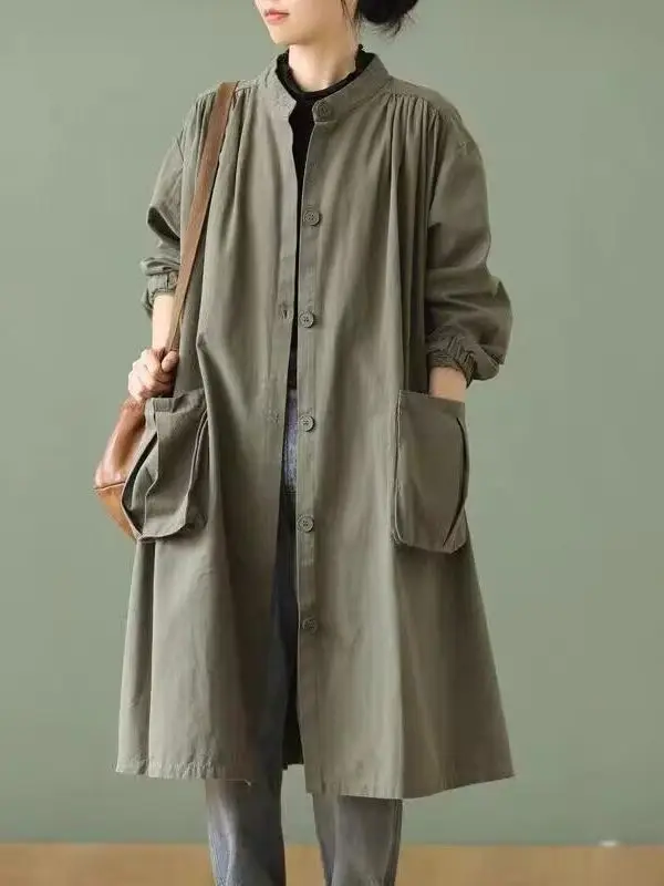 Loose Fit Long Sleeve Lantern Sleeve Open Cardigan Casual Outerwear mid Length Stand Collar with Big Pockets for Women